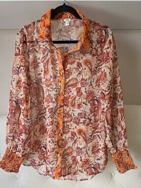 River Island Sz 12/L Orange Gold Paisley Boho Button Up Sheer Top